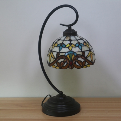 Domed Stained Glass Nightstand Lamp Tiffany 1 Head Yellow/Blue Night Lighting with Curvy Arm