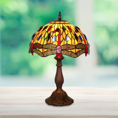 Dragonfly Nightstand Lamp 1-Bulb Stained Art Glass Mediterranean Desk Light with Jeweled Pattern