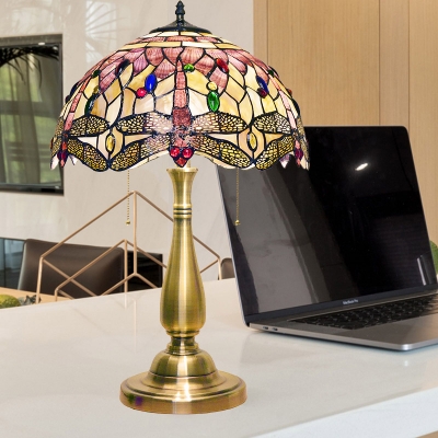 Dragonfly Shell Desk Lighting Baroque 2 Lights Gold Finish Night Lamp with Pull Chain