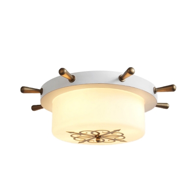 Drum Shaped Rudder Ceiling Lamp Kids Opal Frosted Glass 3 Heads Bedroom Flushmount in White/Light-Blue/Blackish Green