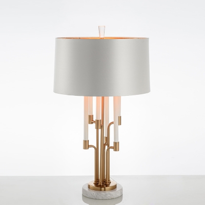 Fabric Drum Night Light Postmodern LED Bedroom Table Lamp in Gold with Crystal Accent and Marble Base