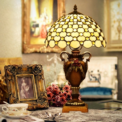 Fishscale Beige Glass Table Light Mediterranean 1 Head Brass Night Lamp with Greek Vase Base