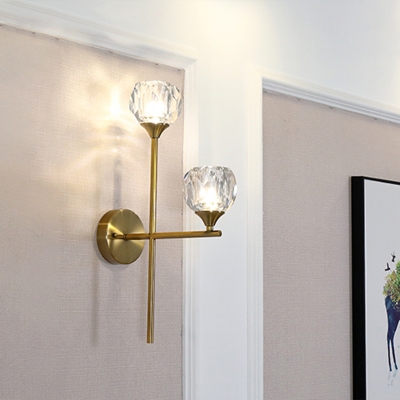 Flowerbud Crystal Wall Lamp Postmodern 2-Bulb Bedside Sconce Light with Gold Cross Arm