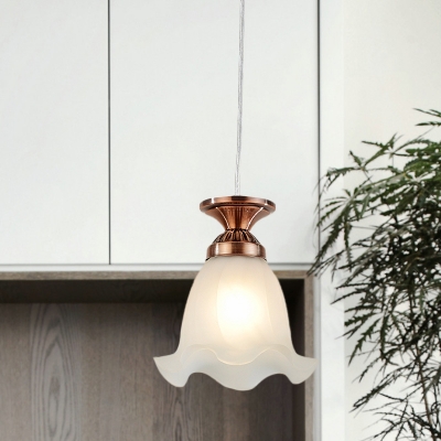 Frosted Glass Bronze/Copper Suspension Light Scalloped 1 Light Country Style Hanging Lamp Kit