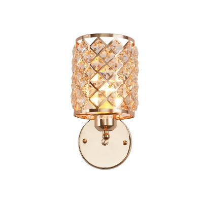 Gold Cylinder Wall Mount Light Modernist 1 Bulb Crystal Encrusted Wall Lamp Fixture