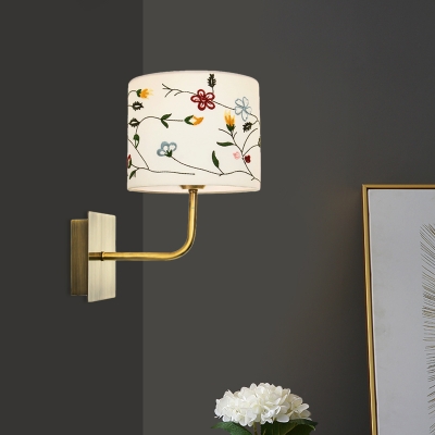 Gold Drum/Cone Wall Light Fixture Country Style Fabric 1-Light Bedroom Wall Sconce with Embroidered Pattern