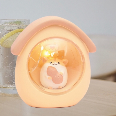 Guinea Pig in Cabin Resin Table Lamp Cartoon Grey/Yellow/Light Pink LED Nightstand Light for Kid Room