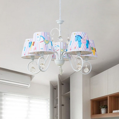 Horse Pattern Kids Room Pendant Striped Fabric 5 Lights Cartoon Chandelier with Swirl Arm in White