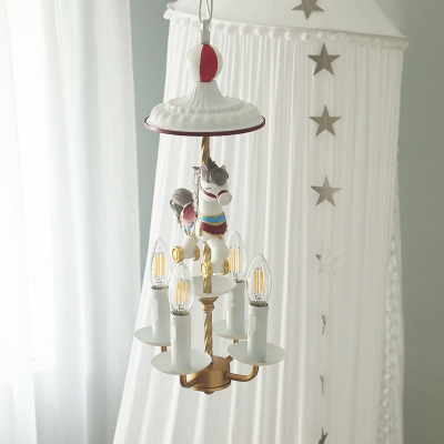 Kids Candle Chandelier Lamp Metal 4 Lights Bedroom Hanging Light in White with Carousel Design
