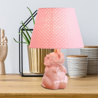 Kids Elephant Nightstand Lamp Ceramic 1 Head Living Room Table Light with Dotted Fabric Shade in Pink