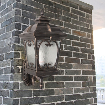 Lantern Clear Texture Glass Wall Lamp Vintage 1-Light Outdoor Wall Mounted Lighting in Bronze