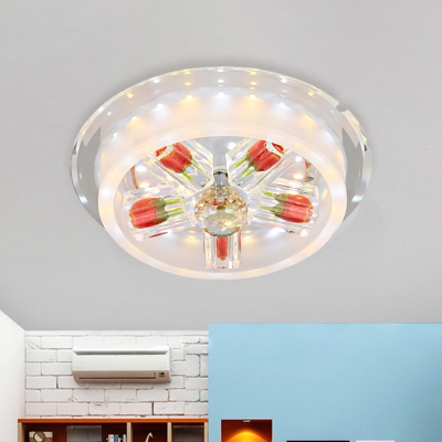 LED Crystal Flush Light Contemporary Red Circular Living Room Flushmount with Rose Decor