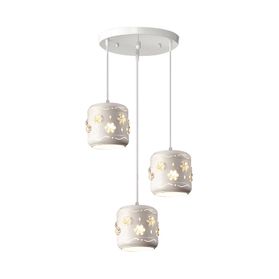 Metal Drum Multi Pendant Light Fixture Minimalist 3 Heads Crystal Ceiling Lamp in White