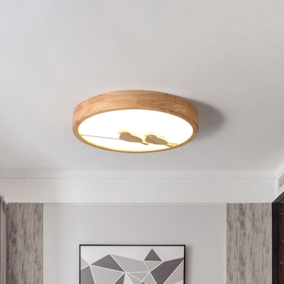 Nordic LED Flush Light Fixture Wood Ultrathin Circle Ceiling Flush Mount with Acrylic Shade and Bird Pattern