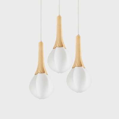 Nordic Sphere Opal Glass Hanging Lamp 3-Bulb Multi Pendant Ceiling Light in Wood for Restaurant