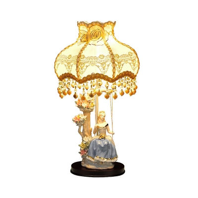 Pastoral Princess On The Swing Night Lamp 1 Head Ceramic Table Light with Flower Fabric Shade in Beige