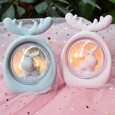 Pink/Grey Capsule Deer Mini Table Lamp Cartoon Resin LED Nightstand Light for Kids Room