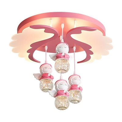 Pink Wing LED Ceiling Lamp Kids 3/4-Head Acrylic Semi Flush Mount Lighting with Dangling Angel