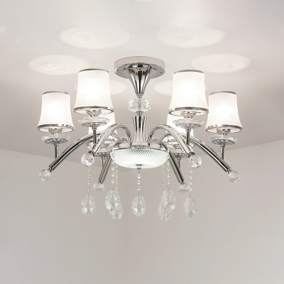 Polished Chrome 6-Head Flush Chandelier Lattice Glass Shaded Semi Mount Lighting with Crystal Droplet