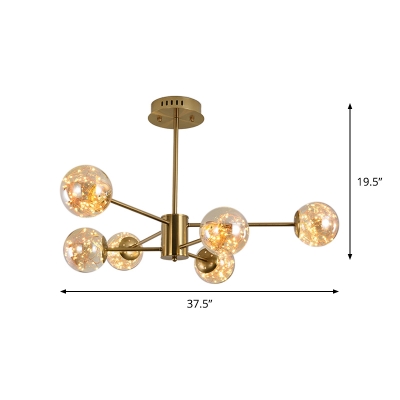 Postmodern Sputnik Pendant Chandelier Amber Ball Glass 6/8-Head Bedroom Hanging Light in Brass