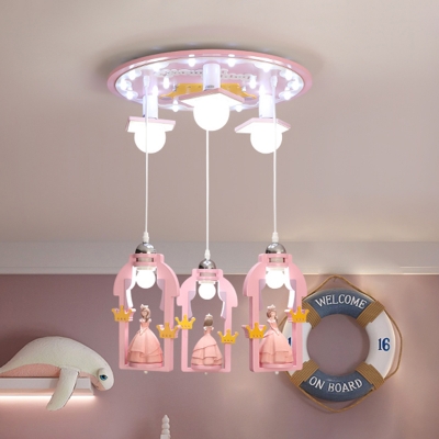 Princess Cluster Pendant Cartoon Resin 7-Head Girl's Bedroom Hanging Lamp in Pink