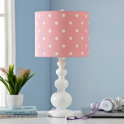 Resin Gourd Table Light Macaron 1 Bulb Pink/Blue and White Night Stand Lamp with Dots/Stripe Fabric Shade