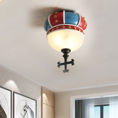 Resin Inverted Crown Flush Mount Kids Style 2 Bulbs Blue and Red Ceiling Light with Dome Milk Glass Shade