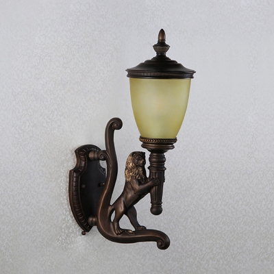 Resin Lion Wall Mount Light Cottage 1-Light Outdoor Wall Lighting Ideas in Dark Coffee with Cone Yellow Glass Shade