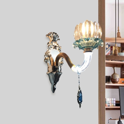 Retro Lotus Wall Light Kit Single-Bulb Clear and Blue Glass Wall Mount Lamp with Gold Wavy Arm