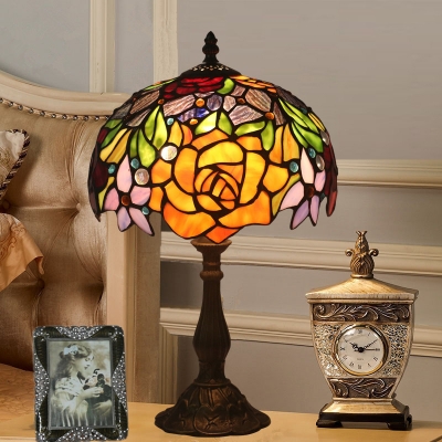 Rose Stained Glass Night Lighting Baroque 1-Bulb Bronze Nightstand Lamp with Bowl Shade