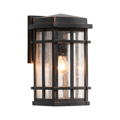 Seedy Glass Rectangle Sconce Light Lodge 1 Bulb Courtyard Wall Mounted Lamp in Black with Frame