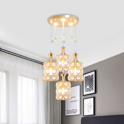 Simple 4-Head Multi Pendant Light Fixture Gold Cylinder Drop Lamp with Clear Crystal Shade