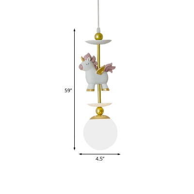 Small Globe Cream Glass Suspension Light Cartoon 1-Light White Ceiling Pendant with Flying Horse Decor