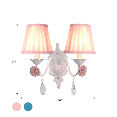 Tapered Fabric Sconce Light Pastoral 1/2-Light Bedroom Wall Lamp with Rose Decor in Blue/Pink