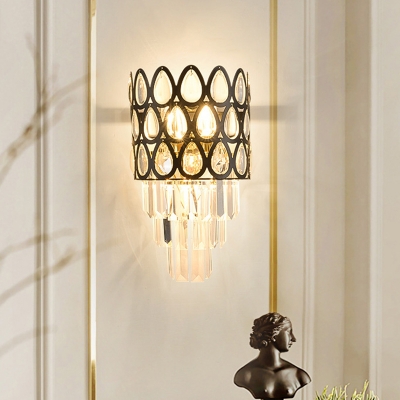 Tapering Crystal Prism Wall Light Mid Century 3 Bulbs Living Room Sconce with Black Drum Cage