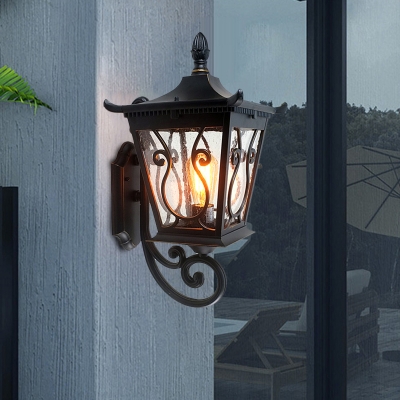 Trapezoid Outdoor Wall Mounted Lighting Lodge Clear Seeded Glass 1-Light Black Wall Lighting Ideas, Up/Down