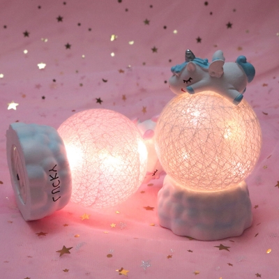 Unicorn Sleeping on Ball Mini Night Light Kids Resin Bedroom LED Table Lamp in Pink/Blue