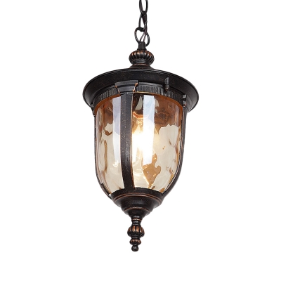 Vintage Urn Drop Pendant 1 Bulb Amber Water Glass Hanging Light Fixture in Black
