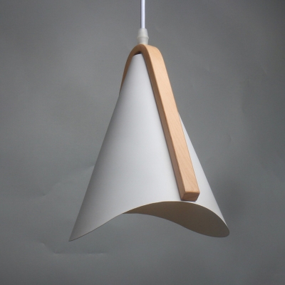 Wave-Edge Conical Suspension Lighting Nordic Iron 1 Light White and Wood Hanging Light