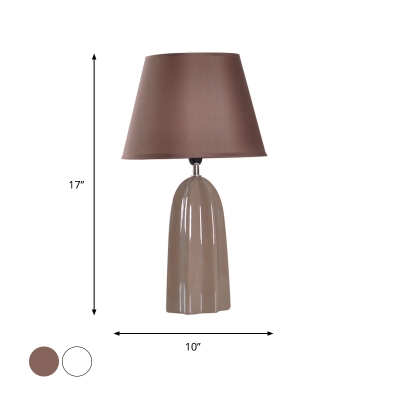 White/Brown Conical Table Light Minimalistic 1-Light Fabric Night Lamp with Ridged Ceramic Base