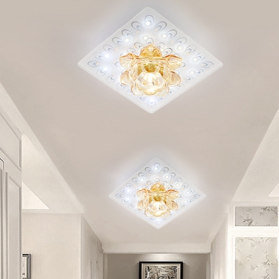 White Lotus Flushmount Lighting Minimalist Clear Crystal LED Hallway Ceiling Light with Square Canopy, Warm/White Light