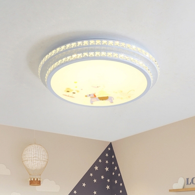 White Ring Flush Mount Simple LED Acrylic Flush Light with Animal Pattern and Crystal Accent