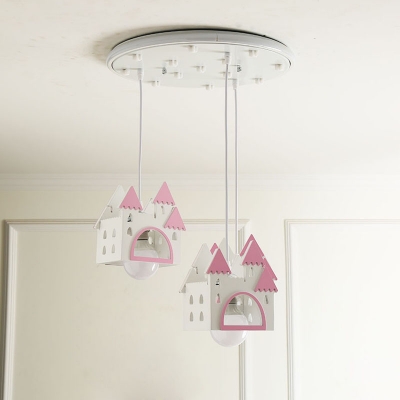 Wood Castle Shaped Semi Flush Light Kids 3 Bulbs White and Pink Flush Mounted Lamp