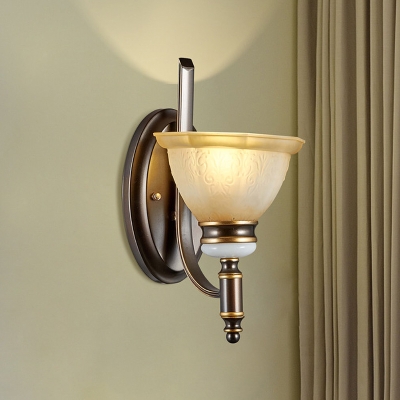 1/2-Head Wall Mount Light Retro Bedroom Petal Wall Sconce with Paneled Bell Tan Glass Shade in Black