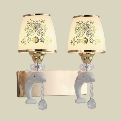 1/2-Light Dolphin Wall Lighting Modern Gold Frosted Glass Wall Sconce with Crystal Ball