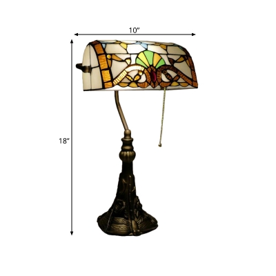 1 Bulb Bedside Desk Lighting Victorian Bronze Pull Chain Night Lamp with Rollover Stained Glass Shade