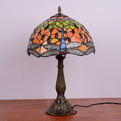 1 Head Bedroom Night Lighting Victorian White/Yellow/Orange Dragonfly Patterned Table Light with Bowl Hand Cut Glass Shade