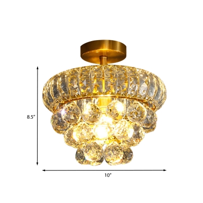 1 Head Close to Ceiling Light Postmodern Corridor Semi Flush Mount with Tapered Crystal Shade in Brass