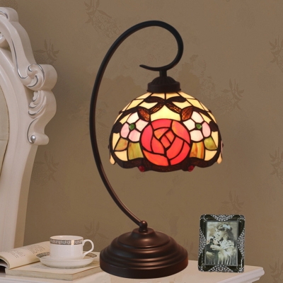 1-Head Desk Light Tiffany Dome Shaped Stained Glass Rose Patterned Table Lighting in Red/Pink/Brown for Bedroom
