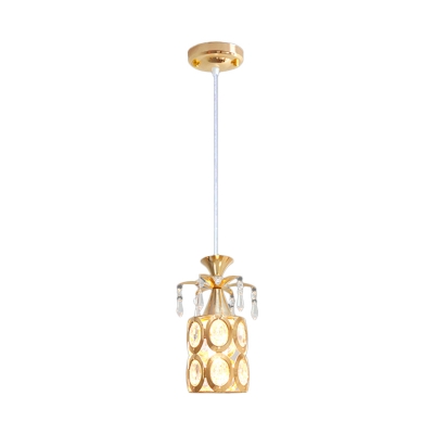 1 Head Dining Room Pendant Light Kit Modern Gold Ceiling Hang Fixture with Drum Crystal Shade